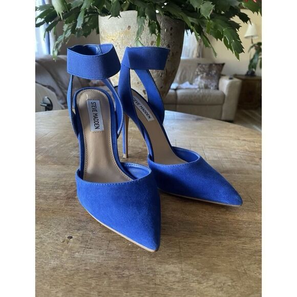 Steve Madden Blue Suede Elastic Ankle Strap Pointed Toe Stiletto Heels Size - Picture 4 of 9
